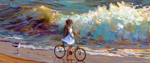 Превью обои велосипедист, велосипед, ребенок, арт, море, берег