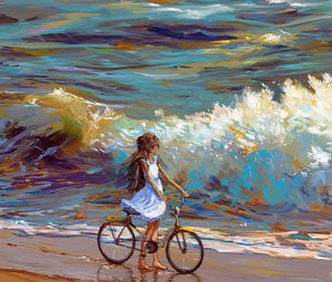 Превью обои велосипедист, велосипед, ребенок, арт, море, берег