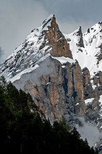 Превью обои вершина, горы, ущелье, лес, заснеженный, швейцария