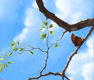 Превью обои ветка, бабочка, небо, облака, арт