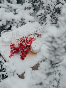 Превью обои ветки, ягоды, свечи, снег