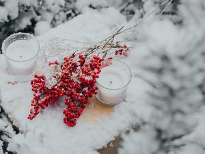 Превью обои ветки, ягоды, свечи, снег