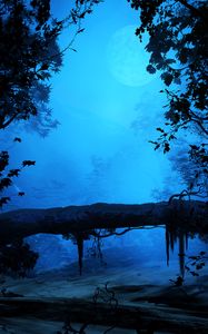 Превью обои ветки, туман, арт, листья, луна