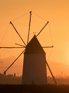 Превью обои ветряная мельница, башня, туман, закат