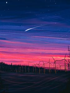 Превью обои ветровая электростанция, турбины, ночь, звездное небо, арт