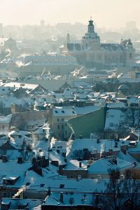 Превью обои вильнюс, литва, городской пейзаж, крыши, дым, панорама