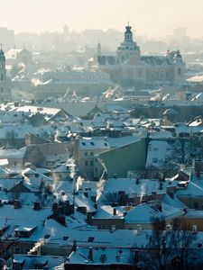 Превью обои вильнюс, литва, городской пейзаж, крыши, дым, панорама