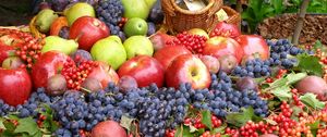 Превью обои виноград, яблоки, много, фрукты