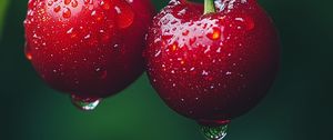 Превью обои вишни, фрукты, капли, роса, макро, красный