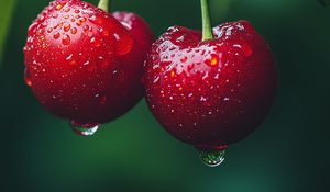 Превью обои вишни, фрукты, капли, роса, макро, красный