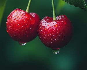 Превью обои вишни, фрукты, капли, роса, макро, красный