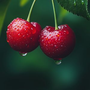 Превью обои вишни, фрукты, капли, роса, макро, красный