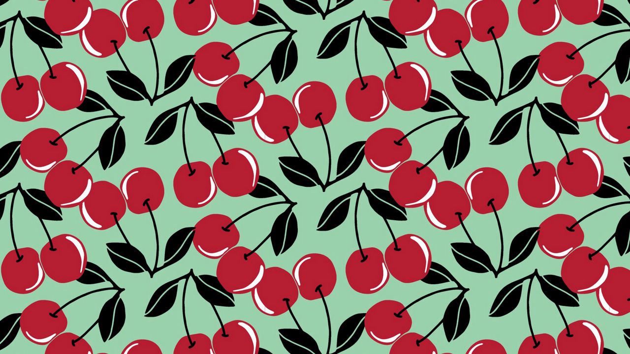 Обои вишни, ягоды, фрукты, красные, листья, черешки, паттерн