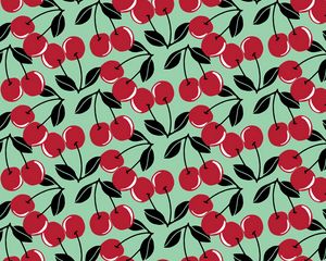 Превью обои вишни, ягоды, фрукты, красные, листья, черешки, паттерн