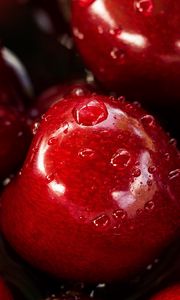 Превью обои вишни, капли, мокрый, красный, сочный, макро