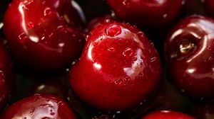 Превью обои вишни, капли, мокрый, красный, сочный, макро