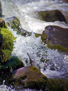 Превью обои вода, брызги, река, мох, камни, капли