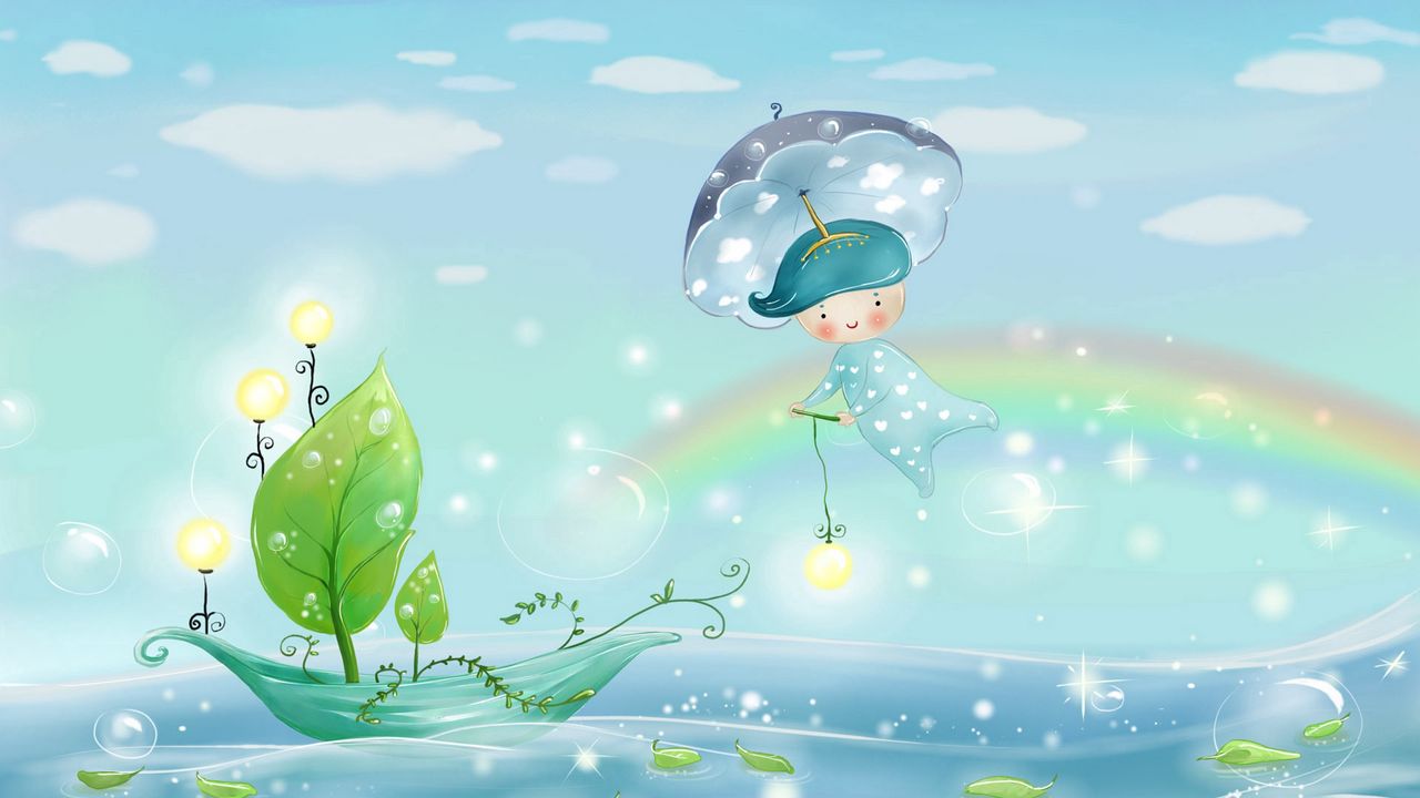 Обои вода, дождь, зонт, листья, лодка, мальчик, море, небо, парус, погода, природа, пузыри, радуга, рисунок, свет, тучи, фонари