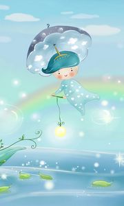 Превью обои вода, дождь, зонт, листья, лодка, мальчик, море, небо, парус, погода, природа, пузыри, радуга, рисунок, свет, тучи, фонари