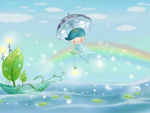 Превью обои вода, дождь, зонт, листья, лодка, мальчик, море, небо, парус, погода, природа, пузыри, радуга, рисунок, свет, тучи, фонари