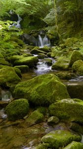 Превью обои вода, река, водопад, камни, мох, зелень, природа