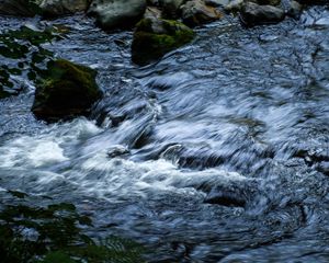 Превью обои вода, ручей, камни, каскад, природа