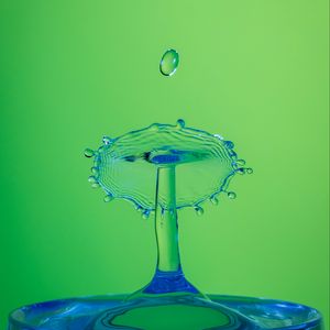 Превью обои вода, всплеск, капля, стакан, макро, зеленый, синий