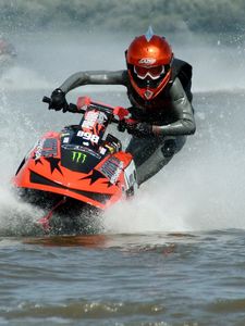 Превью обои водный мотоцикл, экстрим, буй, море, костюм, шлем