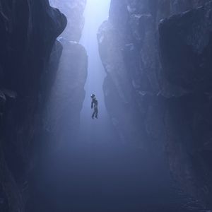 Превью обои водолаз, скалы, подводный, темный, арт