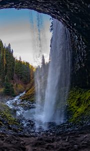 Превью обои водопад, арка, камни, лес