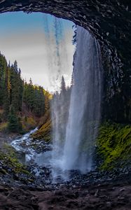 Превью обои водопад, арка, камни, лес