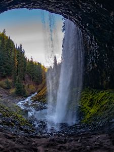 Превью обои водопад, арка, камни, лес