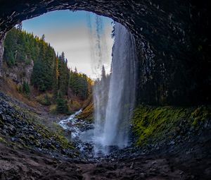 Превью обои водопад, арка, камни, лес