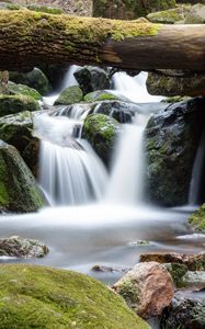 Превью обои водопад, бревно, камни, природа