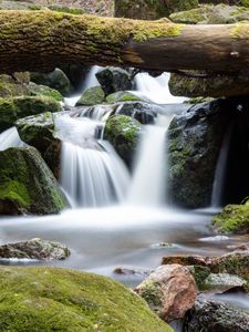 Превью обои водопад, бревно, камни, природа