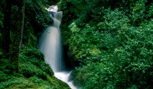 Превью обои водопад, брызги, камни, трава, мох