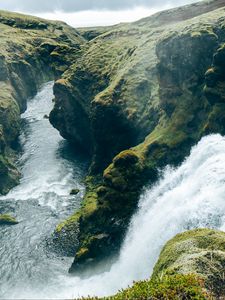 Превью обои водопад, брызги, река, скалы