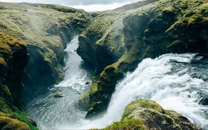 Превью обои водопад, брызги, река, скалы
