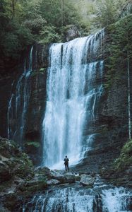 Превью обои водопад, человек, одиночество, природа