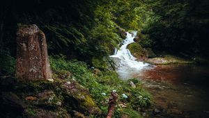 Превью обои водопад, деревья, камни, пейзаж, природа