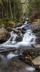 Превью обои водопад, деревья, камни, бревна, долгая выдержка