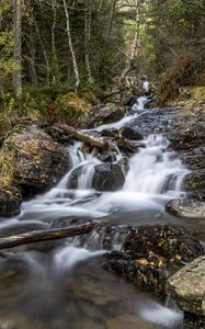 Превью обои водопад, деревья, камни, бревна, долгая выдержка