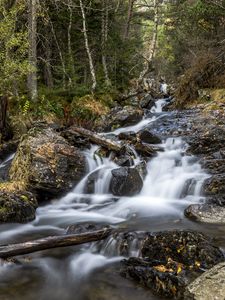 Превью обои водопад, деревья, камни, бревна, долгая выдержка