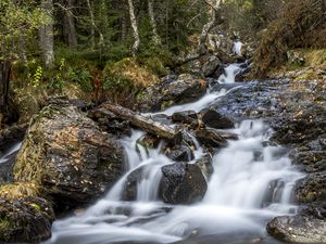 Превью обои водопад, деревья, камни, бревна, долгая выдержка