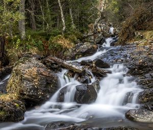 Превью обои водопад, деревья, камни, бревна, долгая выдержка