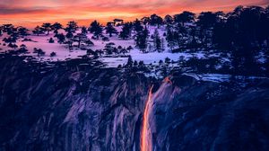 Превью обои водопад, деревья, ночь, лава, фотошоп