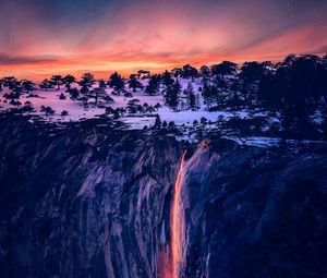 Превью обои водопад, деревья, ночь, лава, фотошоп