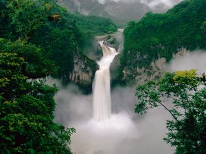 Превью обои водопад, деревья, пар