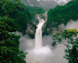 Превью обои водопад, деревья, пар