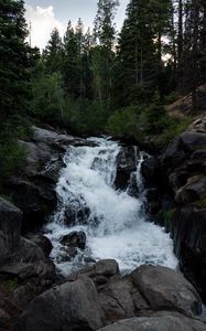 Превью обои водопад, деревья, природа, темный